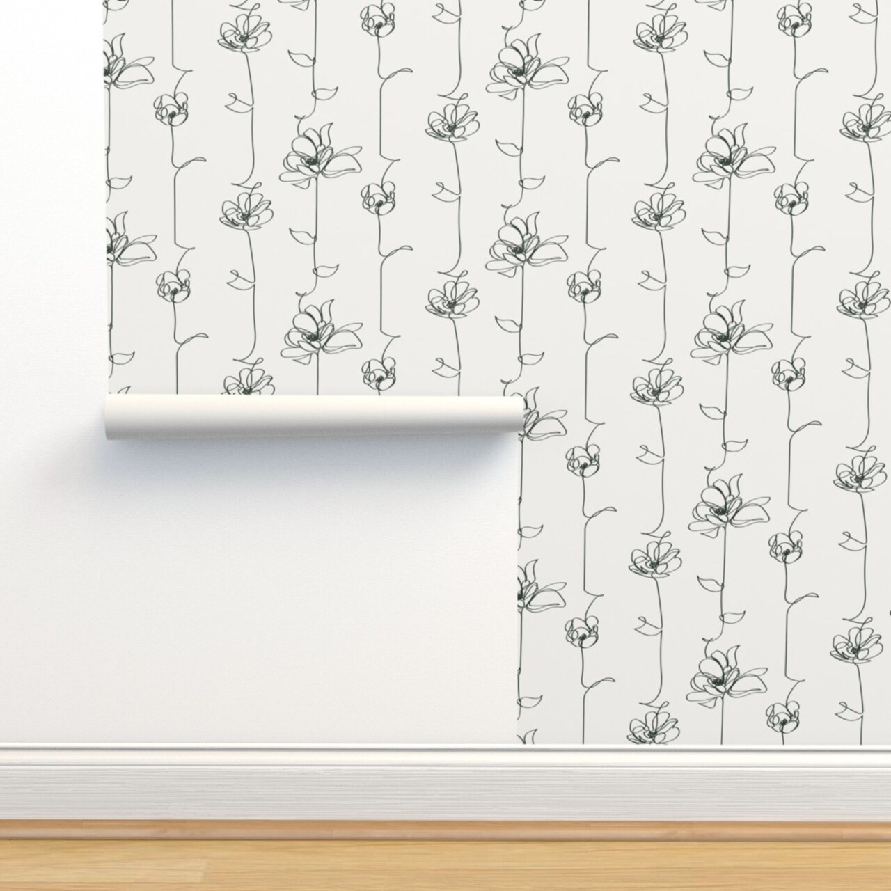 Line Floral Black White Stripe Flowers Vines Modern Abstract Custom Removable Wallpaper by Spoonflower Peel & Stick Wallpaper 2FT Wide